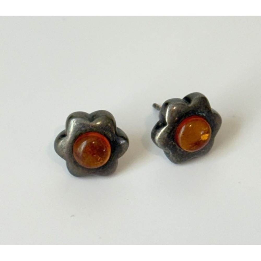 Sterling Silver Amber Flower Stud Earrings Vintage Floral Round Cabochon Posts